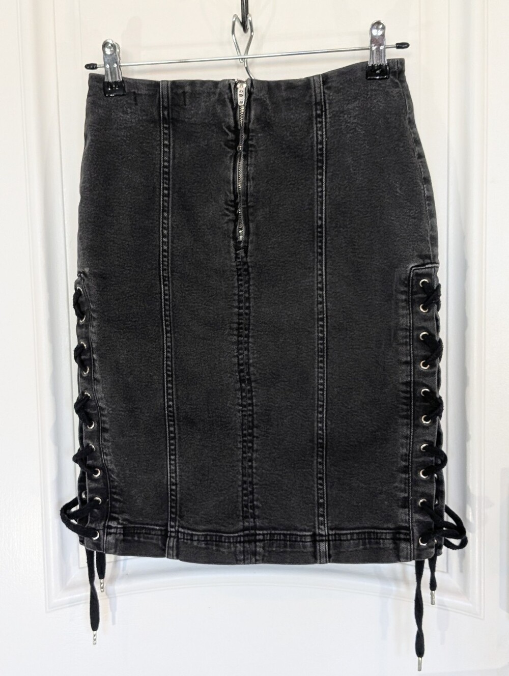 Free People Charcoal Denim Lace-Up Pencil Skirt With Lace Up Sides 6
